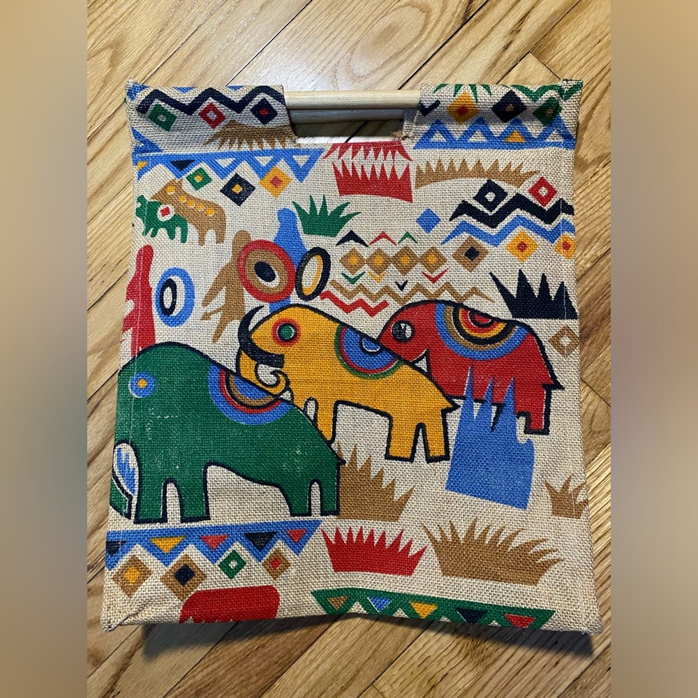 Wood Handled Tote Bag Elephant Huge Colorful Pattern Boho Purse 14x14